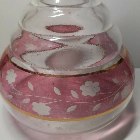 Vtg Kent Wine Decanter Plastic Ribbed Neck Red Flash Etched Glass Flower Barware - Picture 5 of 5